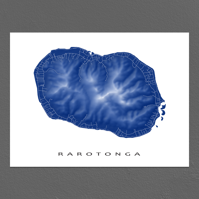 Rarotonga, Cook Islands map print with natural landscape and main roads in Navy designed by Maps As Art.