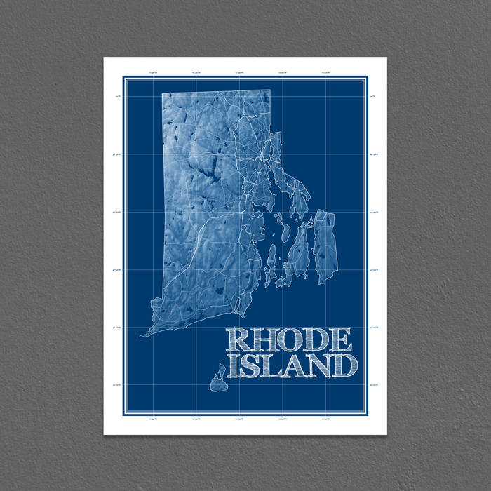 Rhode Island state blueprint map art print designed by Maps As Art.