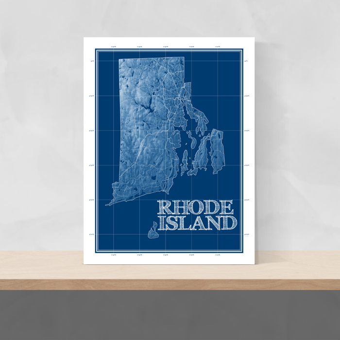 Rhode Island state blueprint map art print designed by Maps As Art.