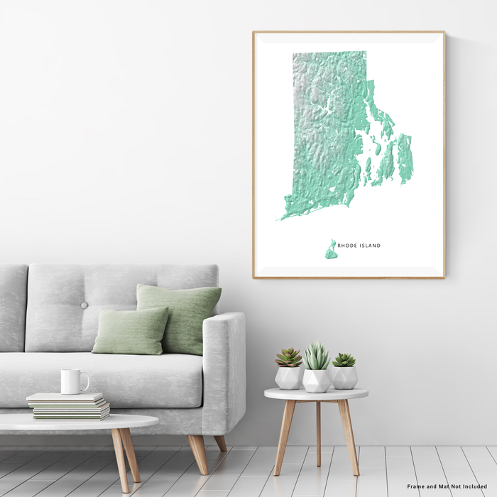 Rhode Island state map print with natural landscape in aqua tints designed by Maps As Art.