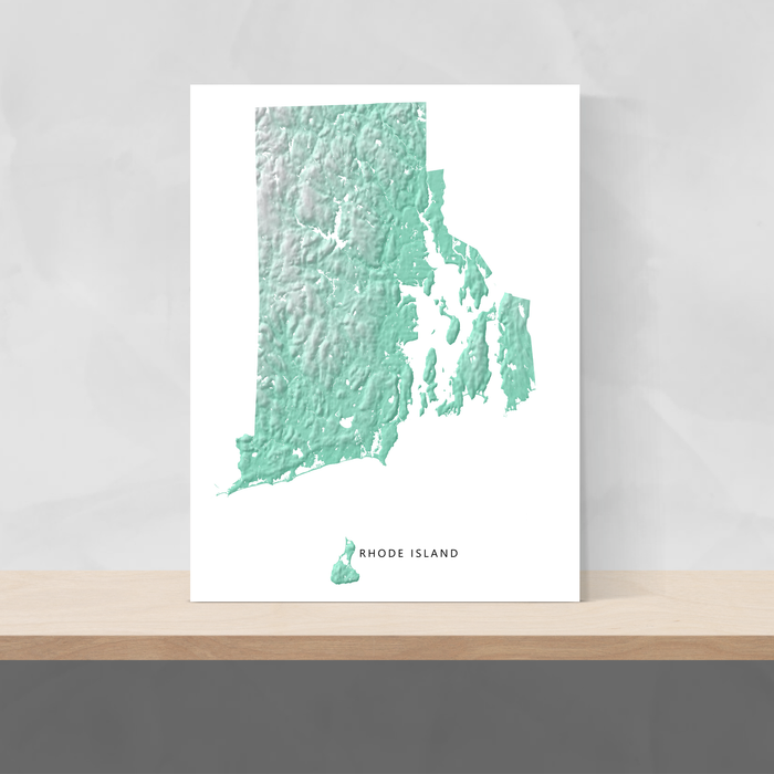 Rhode Island state map print with natural landscape in aqua tints designed by Maps As Art.