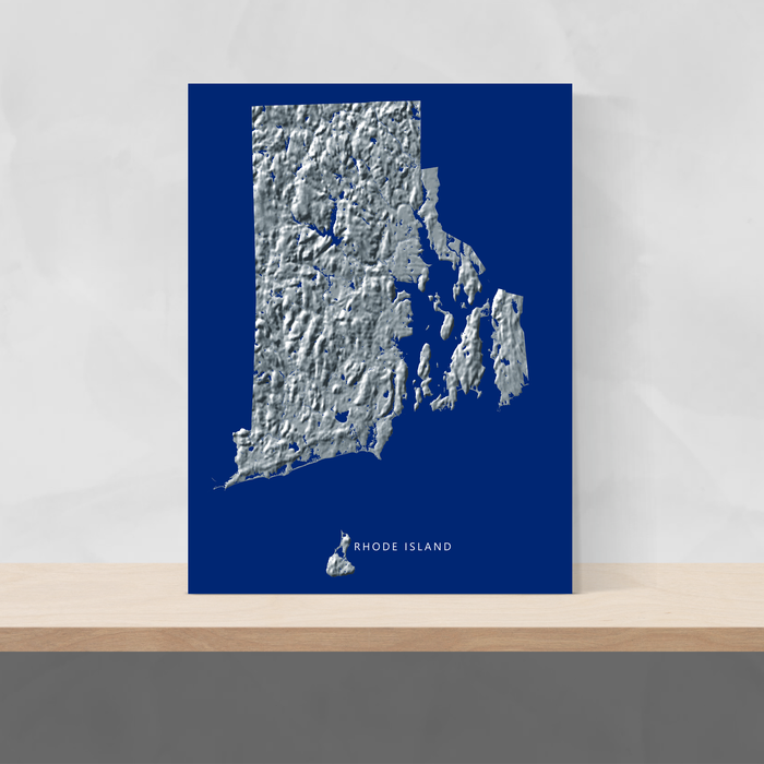 Rhode Island state map print with natural landscape in greyscale and a navy blue background designed by Maps As Art.