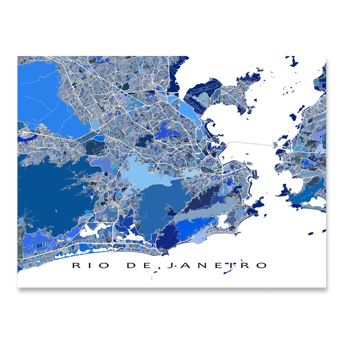 Rio De Janeiro, Brazil map art print in blue shapes designed by Maps As Art.
