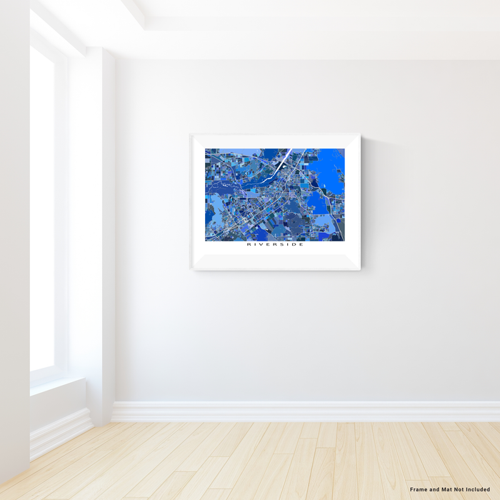 Riverside, California map art print in blue shapes designed by Maps As Art.