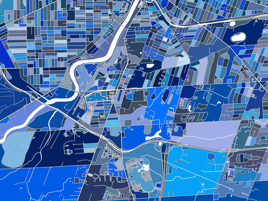 Rochester, New York map art print in blue shapes designed by Maps As Art.