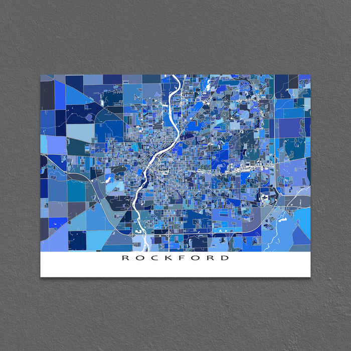 Rockford, Illinois map art print in blue shapes designed by Maps As Art.