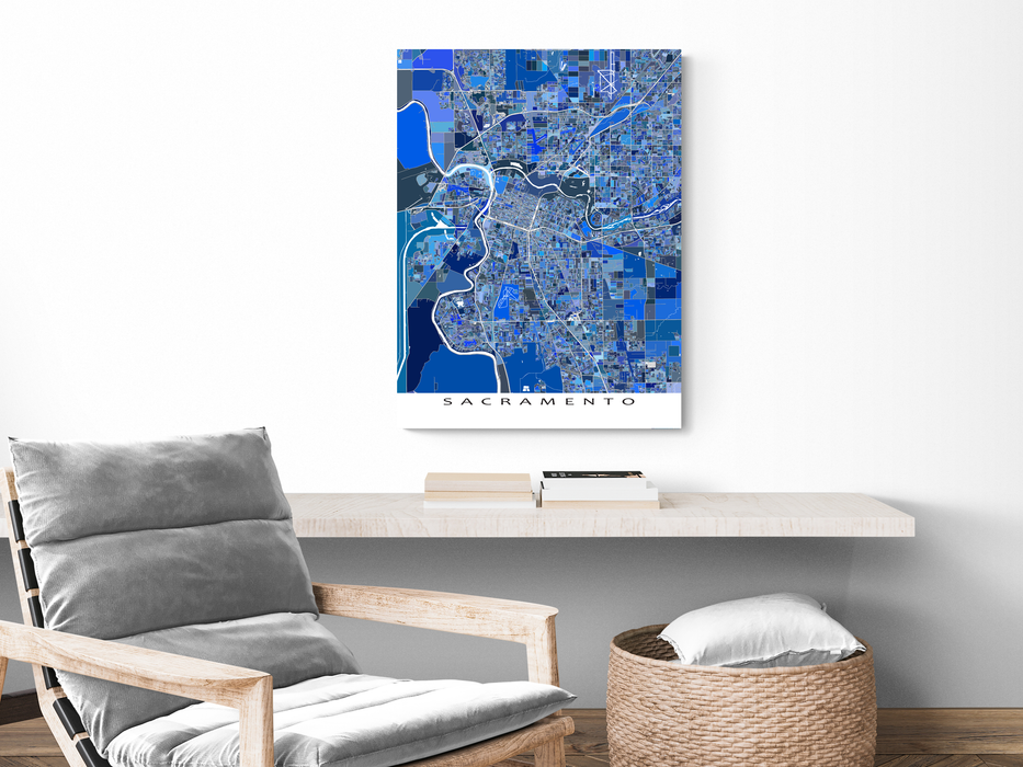 Sacramento, California map art print in blue shapes designed by Maps As Art.