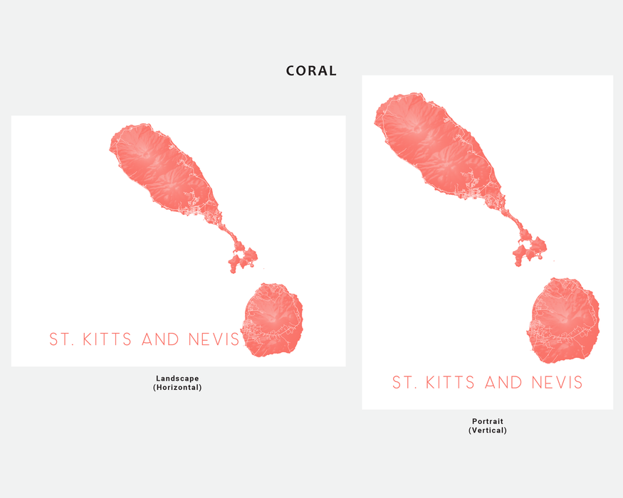 St. Kitts and Nevis map art print in Coral by Maps As Art.