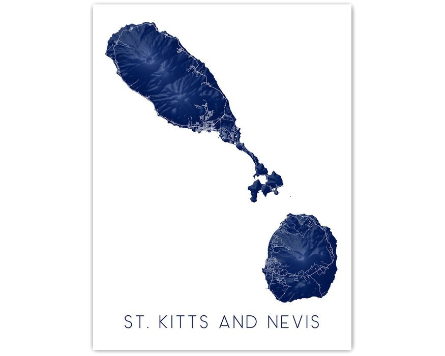St. Kitts and Nevis map art print in Midnight by Maps As Art.