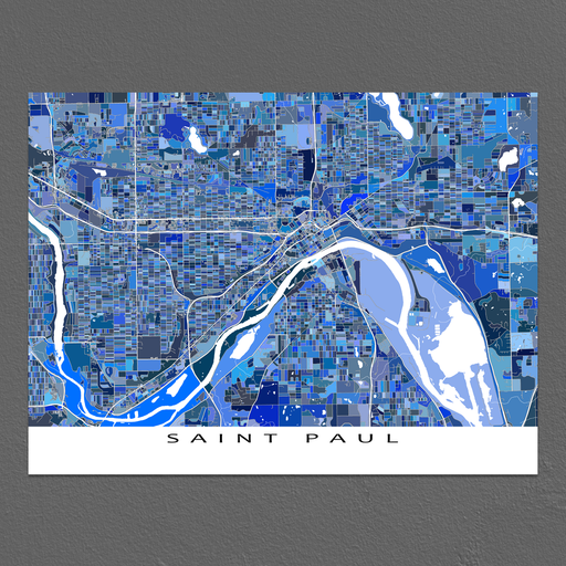 Saint Paul, Minnesota map art print in blue shapes designed by Maps As Art.