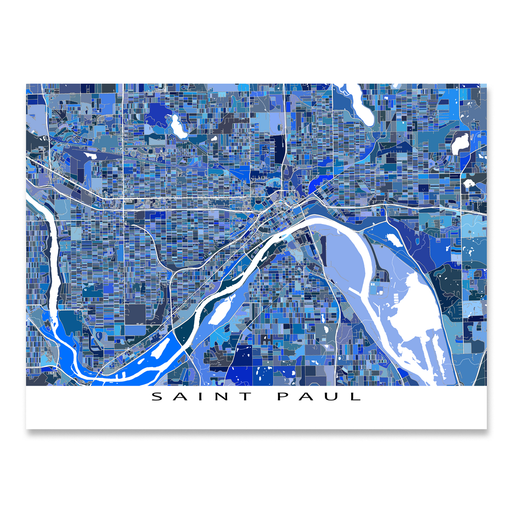 Saint Paul, Minnesota map art print in blue shapes designed by Maps As Art.