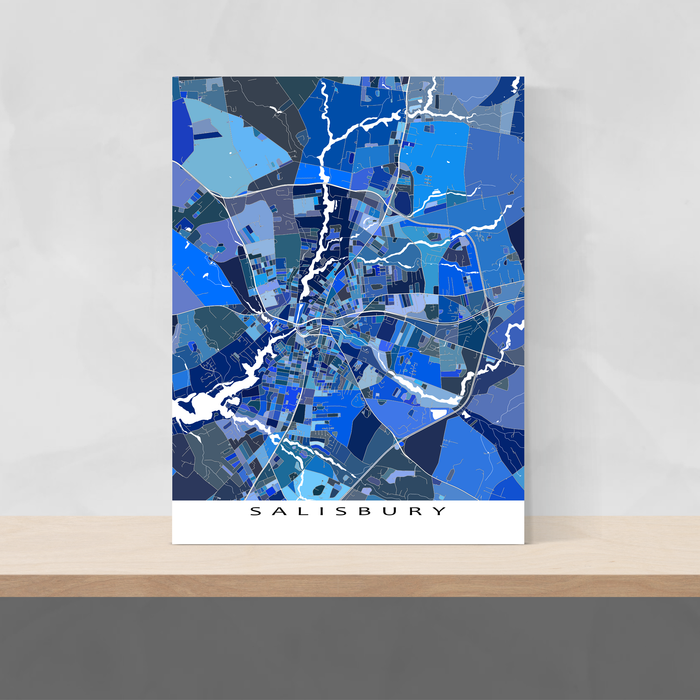 Salisbury, Maryland map art print in blue shapes designed by Maps As Art.