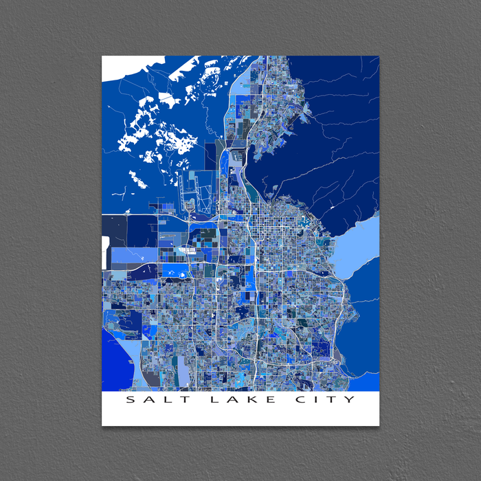Salt Lake City, Utah map art print in blue shapes designed by Maps As Art.