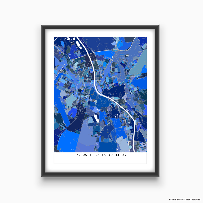 Salzburg, Austria map art print in blue shapes designed by Maps As Art.