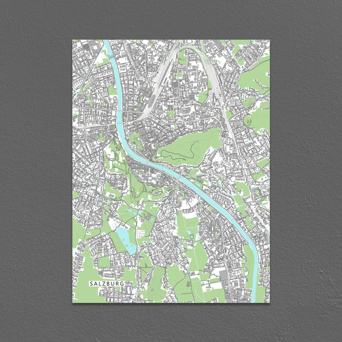 Salzburg, Austria map art print with city streets and buildings designed by Maps As Art.