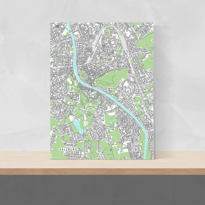 Salzburg, Austria map art print with city streets and buildings designed by Maps As Art.