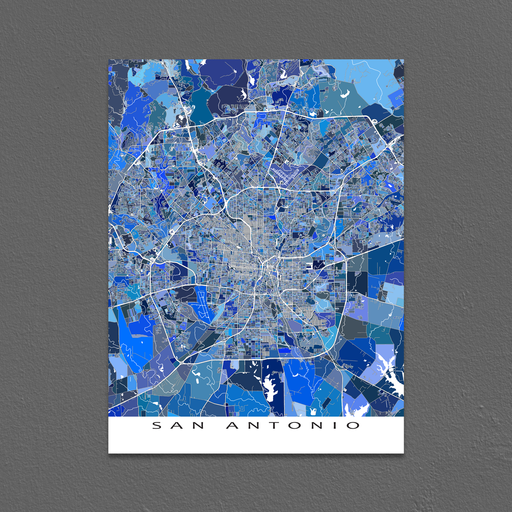 San Antonio, Texas map art print in blue shapes designed by Maps As Art.