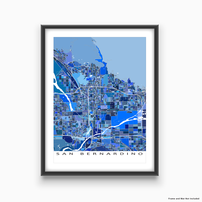 San Bernardino, California map art print in blue shapes designed by Maps As Art.