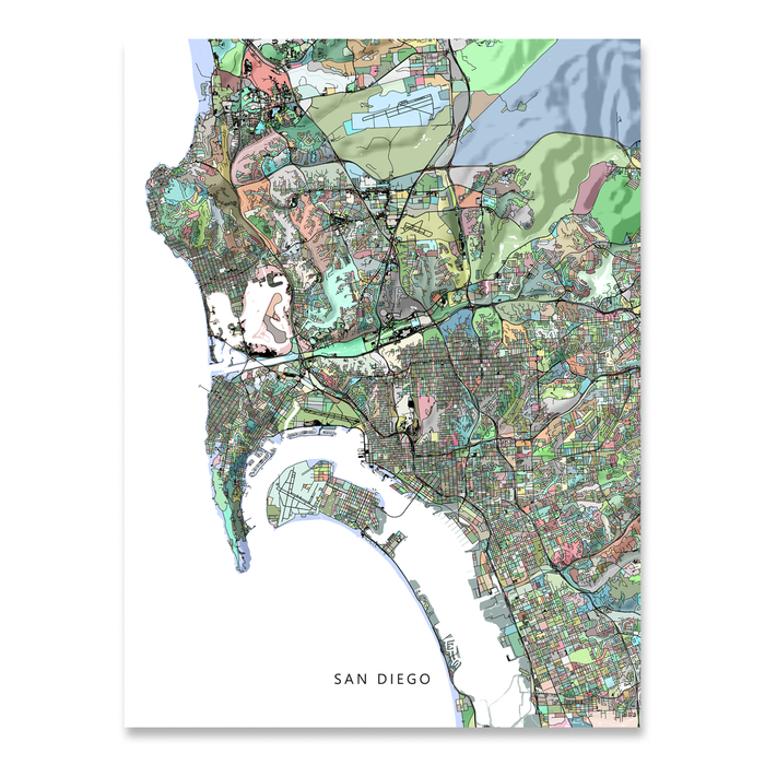 San Diego, California map art print in colorful shapes designed by Maps As Art.