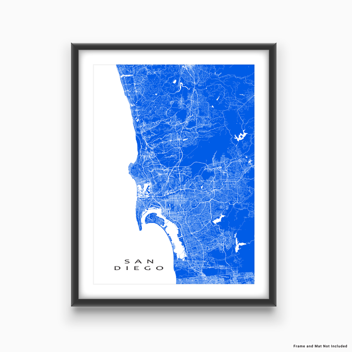 San Diego, California map print with city streets and roads in Blue designed by Maps As Art.