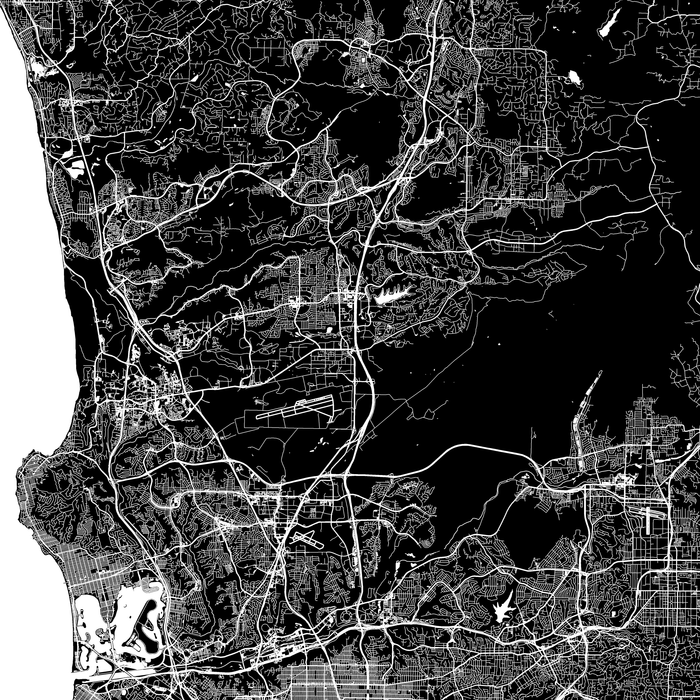 San Diego, California map print close-up with city streets and roads designed by Maps As Art.