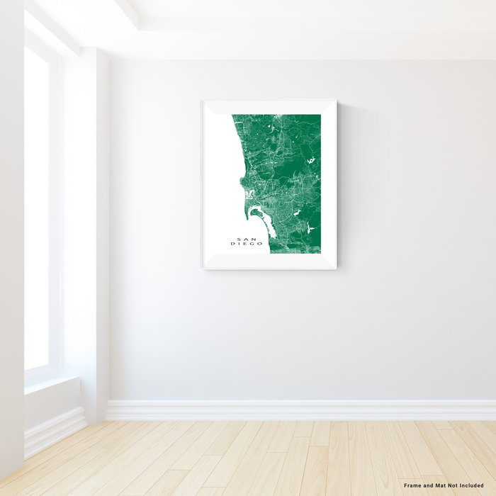 San Diego, California map print with city streets and roads in Green designed by Maps As Art.