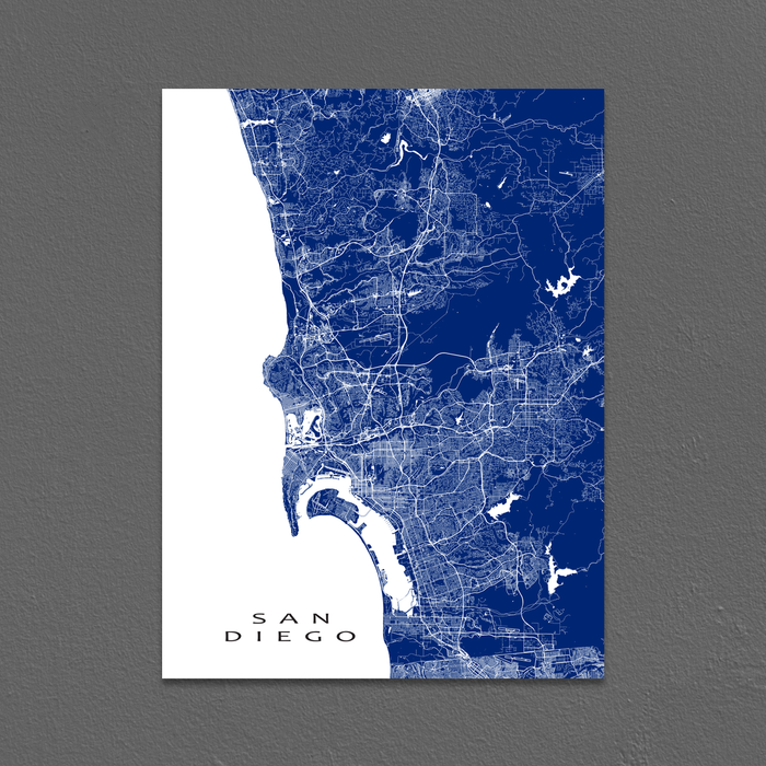San Diego, California map print with city streets and roads in Navy designed by Maps As Art.