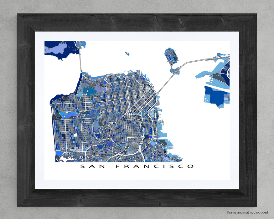 San Francisco, California map art print in blue shapes designed by Maps As Art.