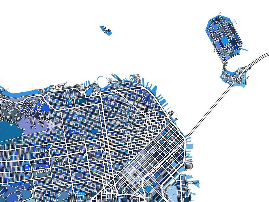 San Francisco, California map art print in blue shapes designed by Maps As Art.