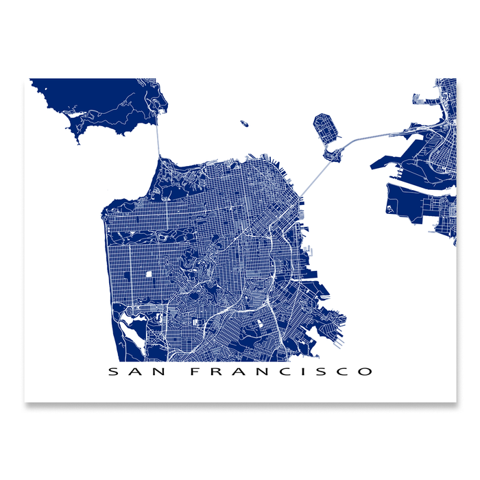 San Francisco, California map print with city streets and roads in Navy designed by Maps As Art.