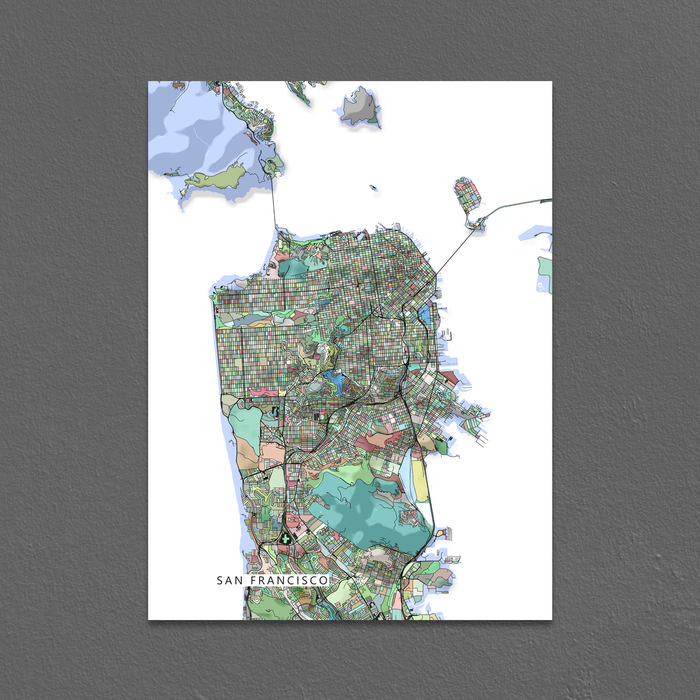 San Francisco, California map art print in colorful shapes designed by Maps As Art.