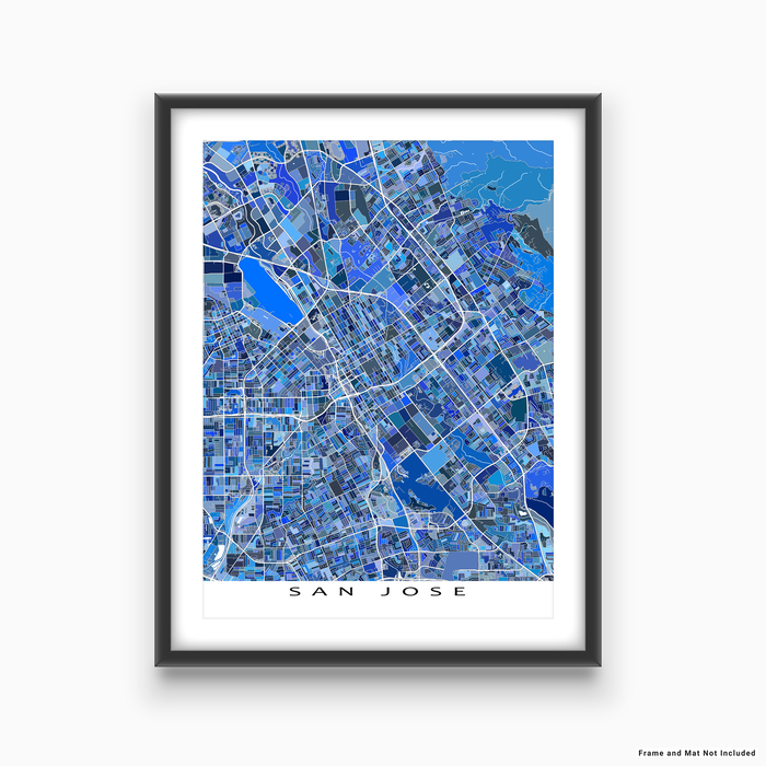 San Jose, California map art print in blue shapes designed by Maps As Art.