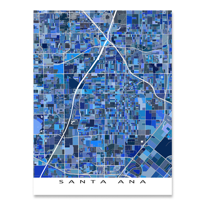 Santa Ana, California map art print in blue shapes designed by Maps As Art.