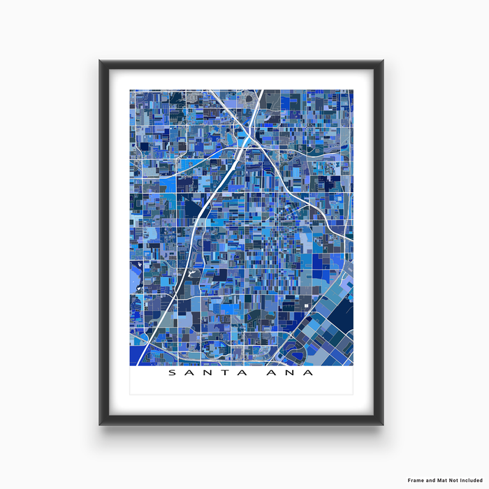 Santa Ana, California map art print in blue shapes designed by Maps As Art.