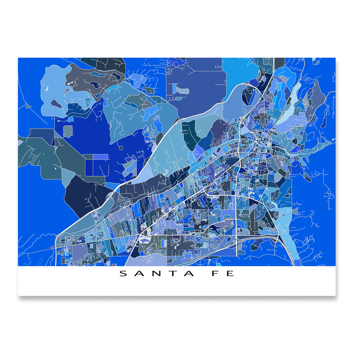 Santa Fee Map Santa Fe Map Print, Blue Geometric City Street Maps, New Mexico, USA ...