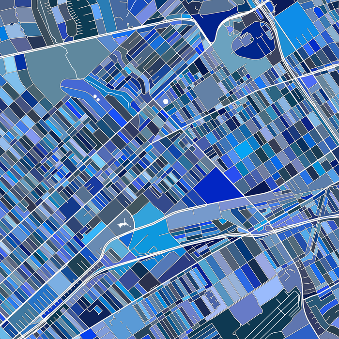 Santa Monica, California map art print in blue shapes designed by Maps As Art.