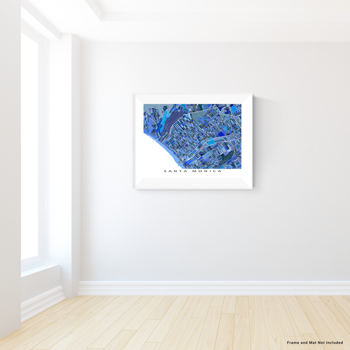 Santa Monica, California map art print in blue shapes designed by Maps As Art.