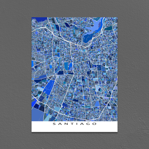 Santiago, Chile map art print in blue shapes designed by Maps As Art.