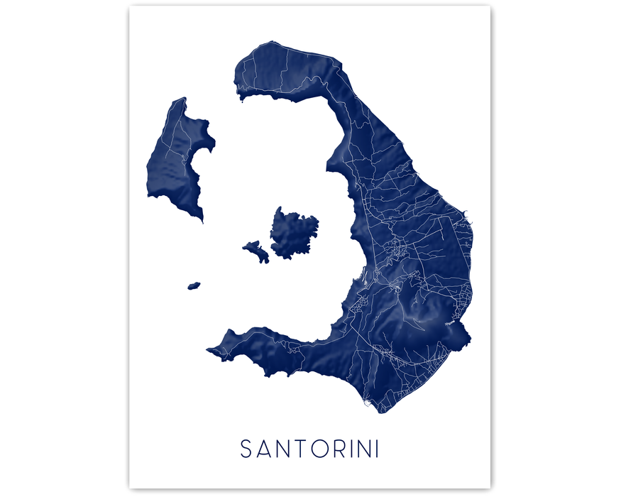 Santorini Greece island map print with a 3D topographic design by Maps As Art.