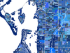 Sarasota, Florida map art print in blue shapes designed by Maps As Art.