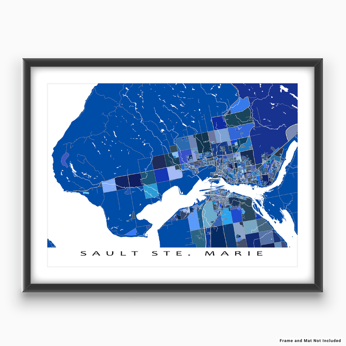 Sault Ste Marie, Ontario, Canada map art print in blue shapes designed by Maps As Art.