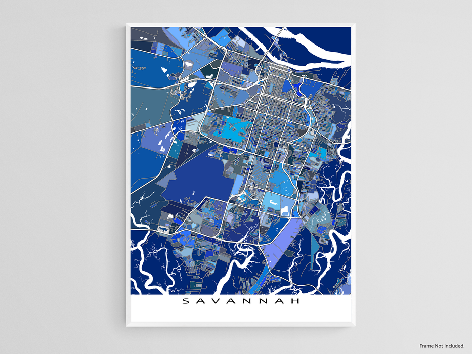 Savannah, Georgia map art print in blue shapes designed by Maps As Art.