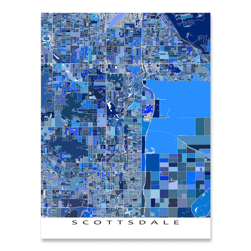 Scottsdale, Arizona map art print in blue shapes designed by Maps As Art.