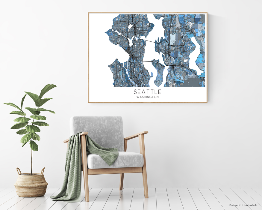 Seattle Washington city map print with a denim blue geometric design by Maps As Art.