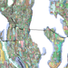 Seattle, Washington map art print in colorful shapes designed by Maps As Art.