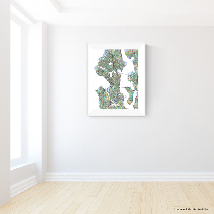 Seattle, Washington map art print in colorful shapes designed by Maps As Art.