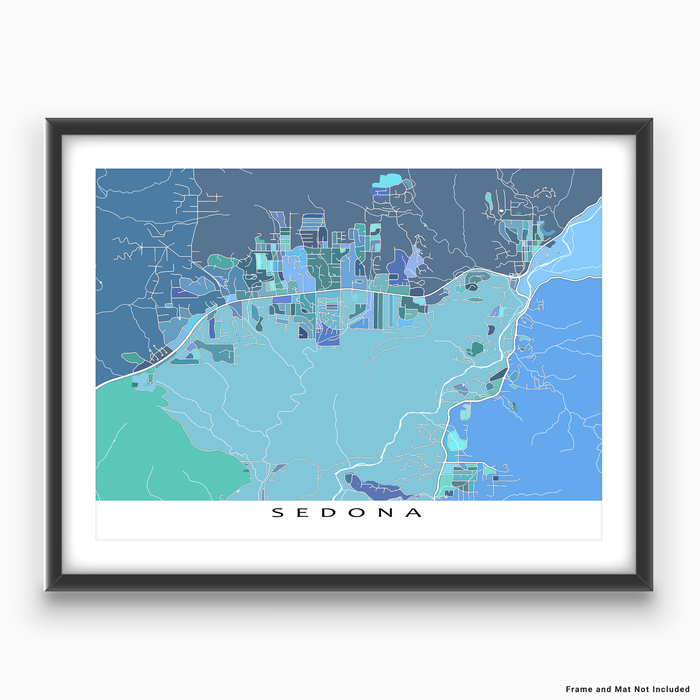 Sedona, Arizona map art print in blue, aqua and turquoise shapes designed by Maps As Art.