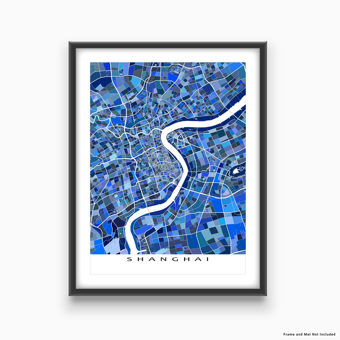 Shanghai, China map art print in blue shapes designed by Maps As Art.