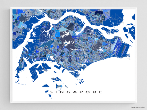 Singapore map art print in blue shapes designed by Maps As Art.