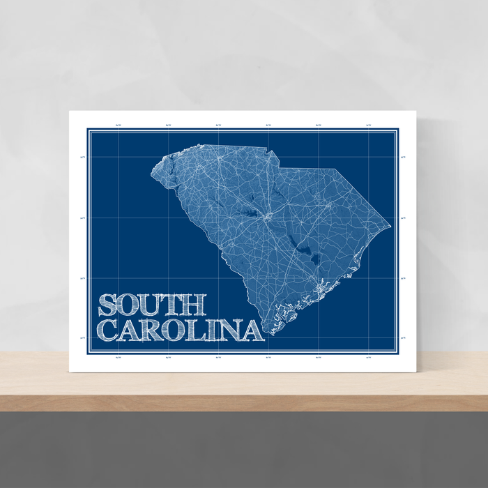 South Carolina state blueprint map art print designed by Maps As Art.